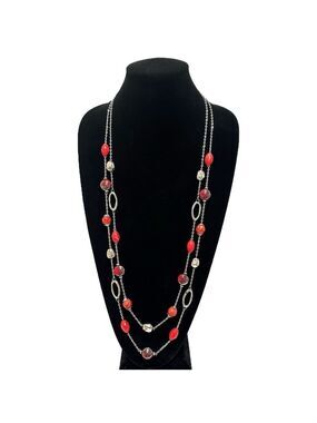 CHICO’s Crisp Cherry Red Beaded Silver-Tone Layered Long Station Necklace | NEW